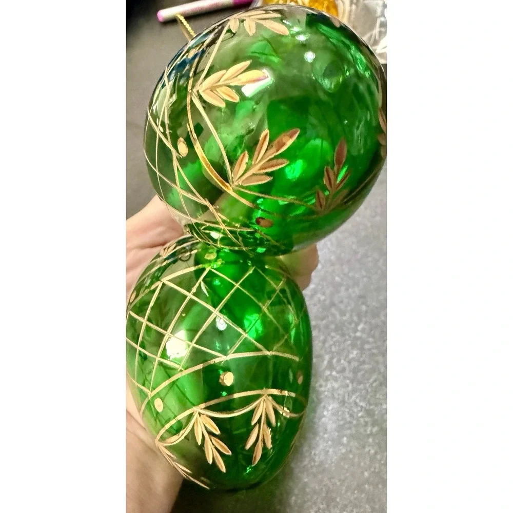 Vintage Hand Painted Blown Glass Christmas Ornaments Gold Lattice Lot of 3 Mint